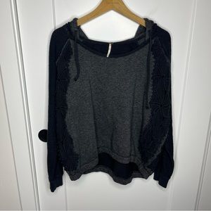 Free People Black Crochet Lace Hoodie Pullover Sweatshirt Size Medium
